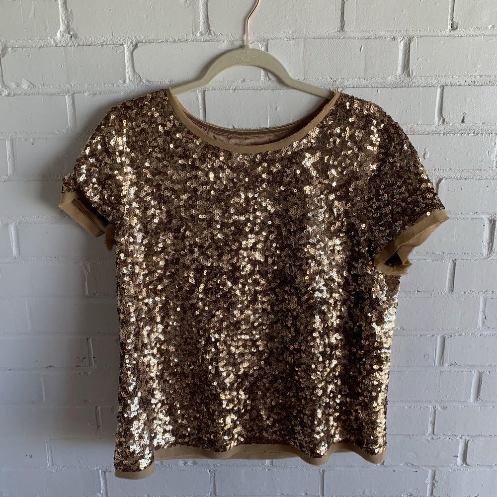 Talbots Women's Gold Short Sleeve Crew Neck Sequin Shirt Size 12